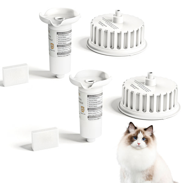 Dogmics Cat Water Fountain Filters Replacement Filters Set 2 Pack CS Composite Filters and 2 Pack PW Plated Filters 2 Pack Pre-Filter Sponges for 3.8L/128oz Automatic Pet Fountain Dog Water Dispense