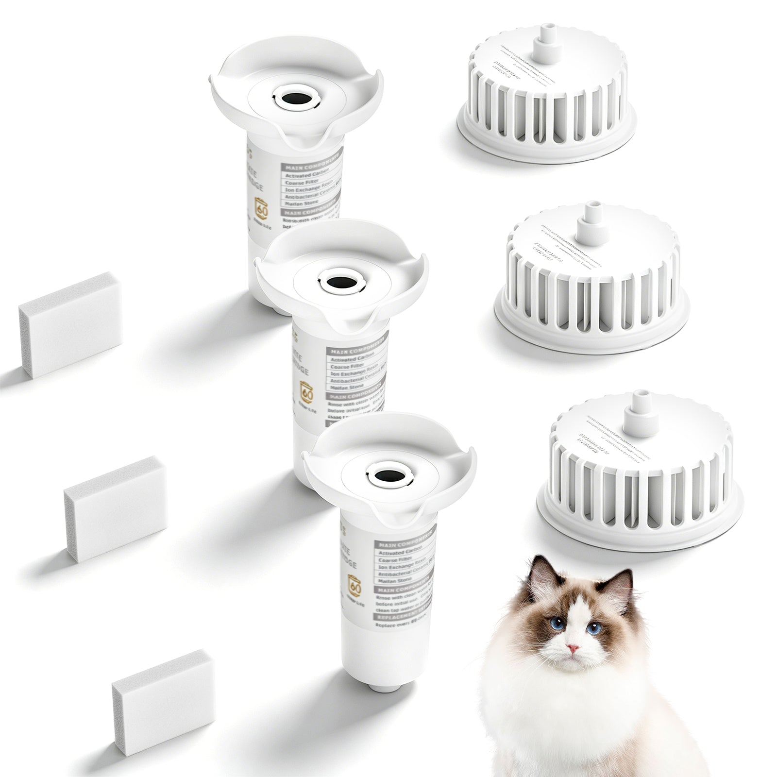 Dogmics Cat Water Fountain Filters Replacement Filters Set 3 Pack CS Composite Filters and 3 Pack PW Plated Filters 3 Pack Pre-Filter Sponges for 3.8L/128oz Automatic Pet Fountain Dog Water Dispense