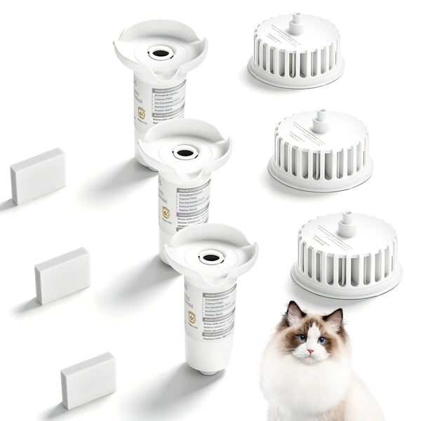 Dogmics Cat Water Fountain Filters Replacement Filters Set 3 Pack CS Composite Filters and 3 Pack PW Plated Filters 3 Pack Pre-Filter Sponges for 3.8L/128oz Automatic Pet Fountain Dog Water Dispense