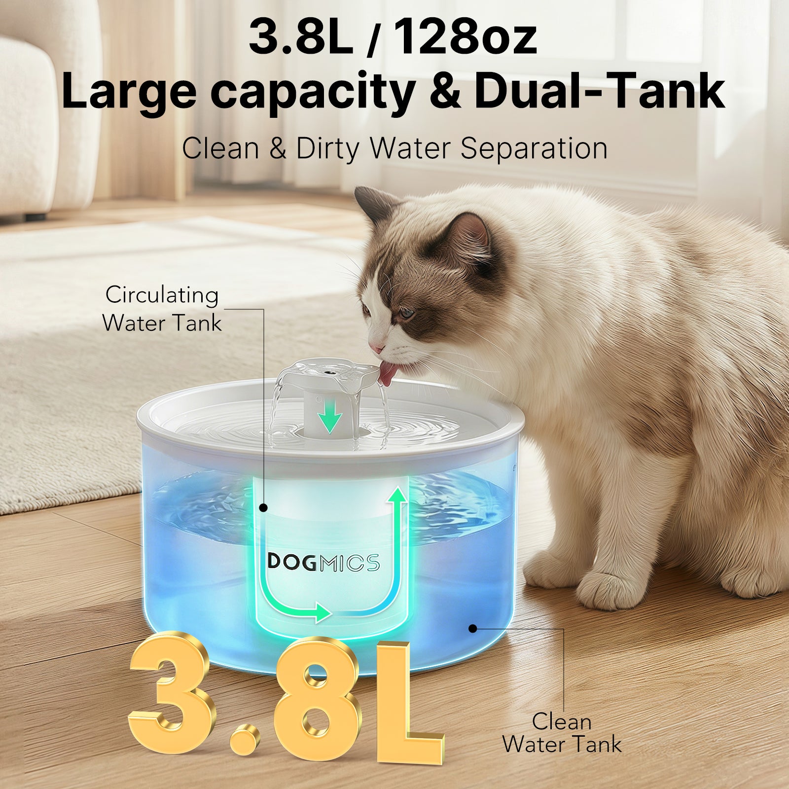 Cat Water Fountain 3.8L/128oz Indoor Water Dispenser for Cats and Dogs Automatic Pet Water Fountain with Silent Pump