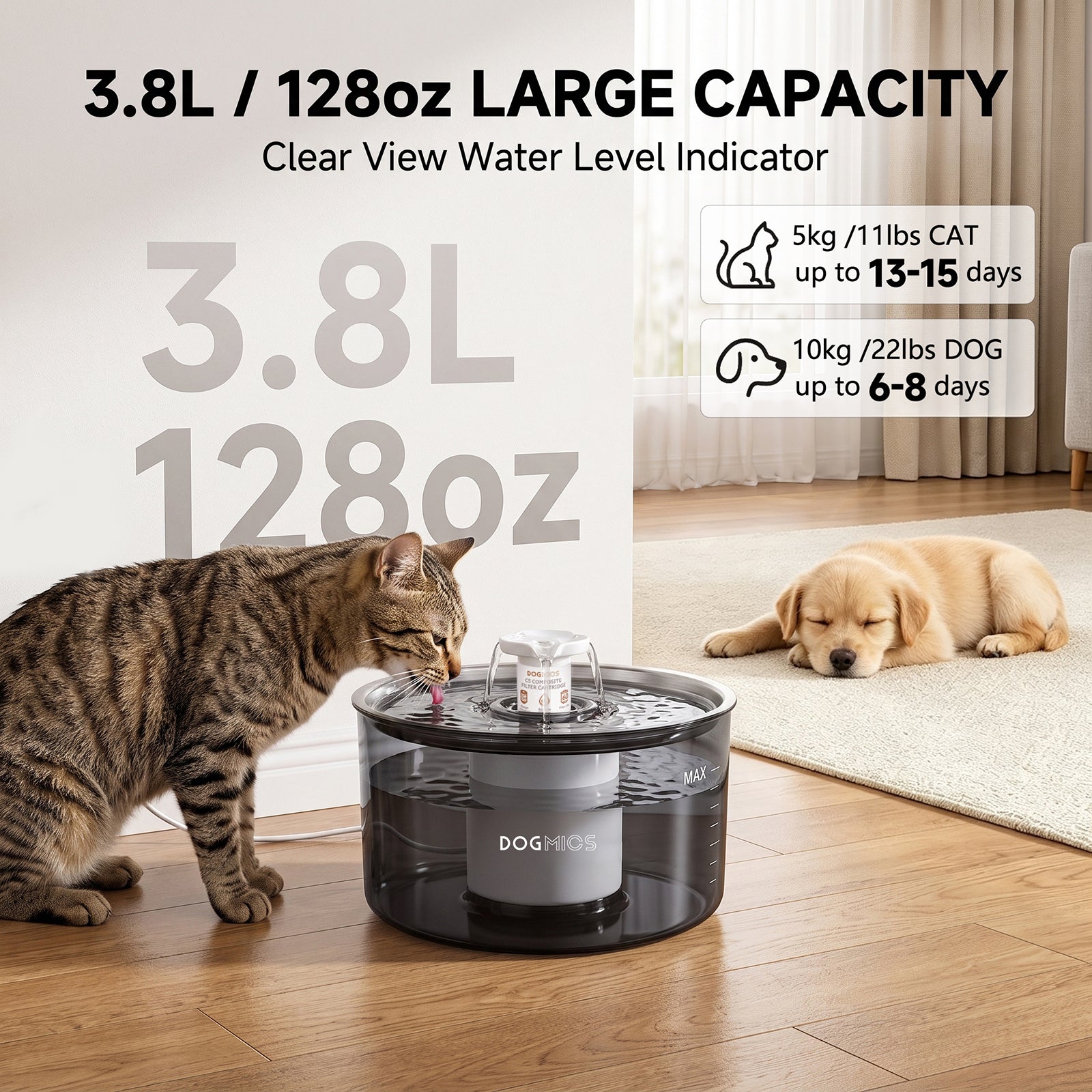 Cat Water Fountain Wastewater Separation 3.8L/128oz Dog Water Fountain Stainless Steel Tray with 2 Filter Sets